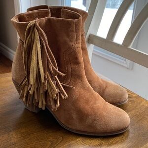 Sam Edelman Louie Western Boot Caramel Brown Suede Fringe US Size 7.5 Block Heel